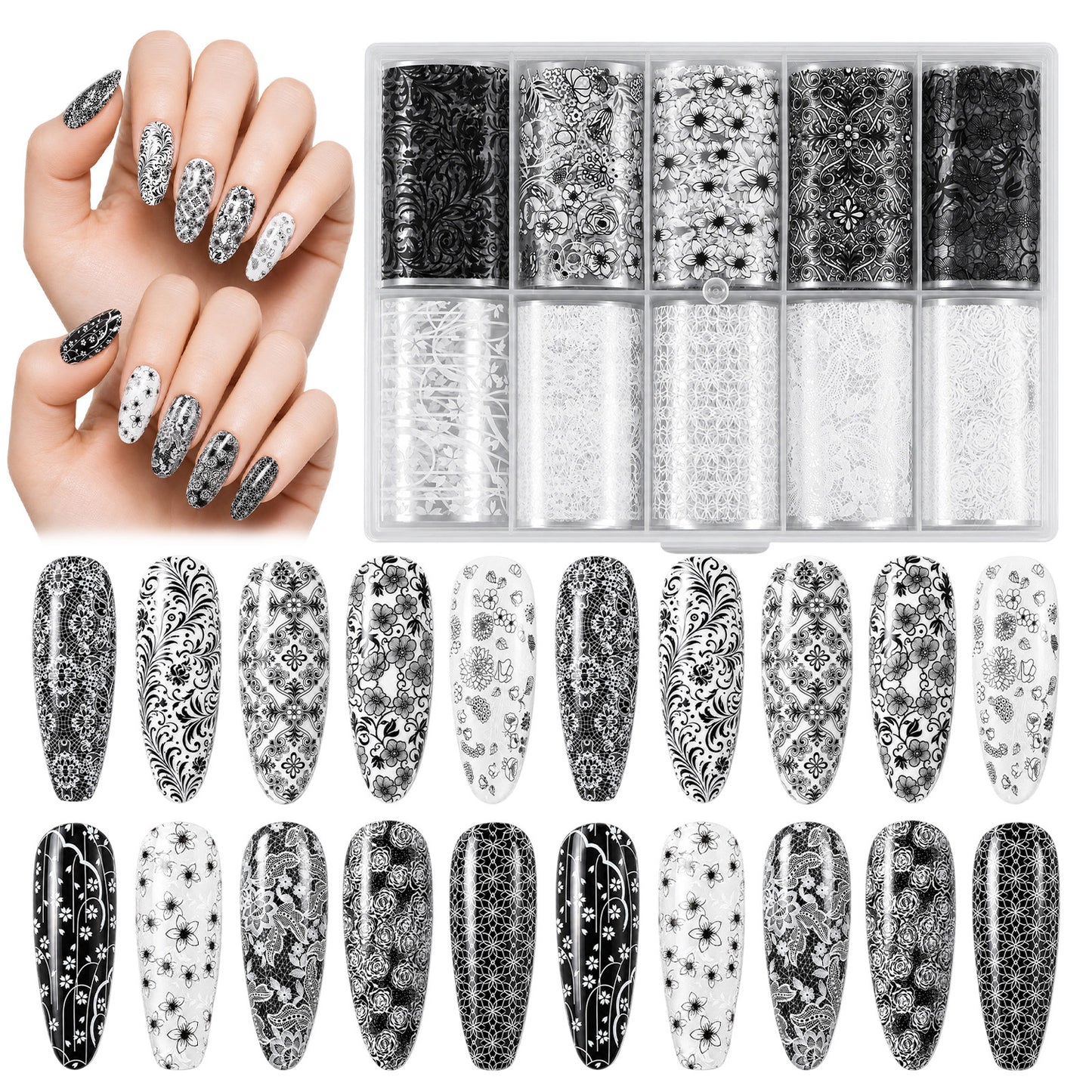 10 Rolls Lace Nail Foil Transfer Sticker, White & Black Flower Nail Wraps