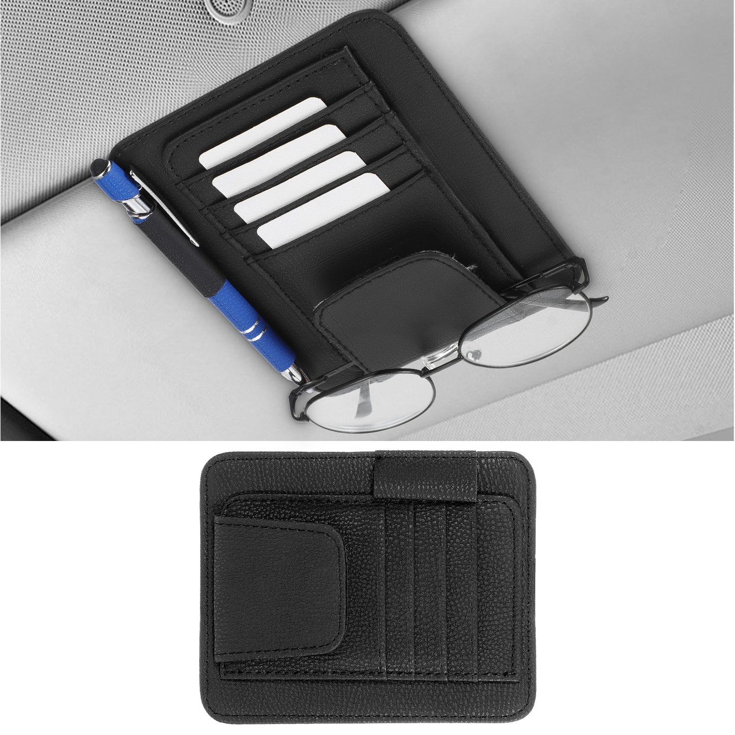 Small Leather Car Sun Visor Organizer with Storage Pouch & Sunglasses Clip, Auto Card Holder Registration/Insurance Slot, Credit Card Pockets, Automotive Interior Organizer for Cars Sun Visor(Black)