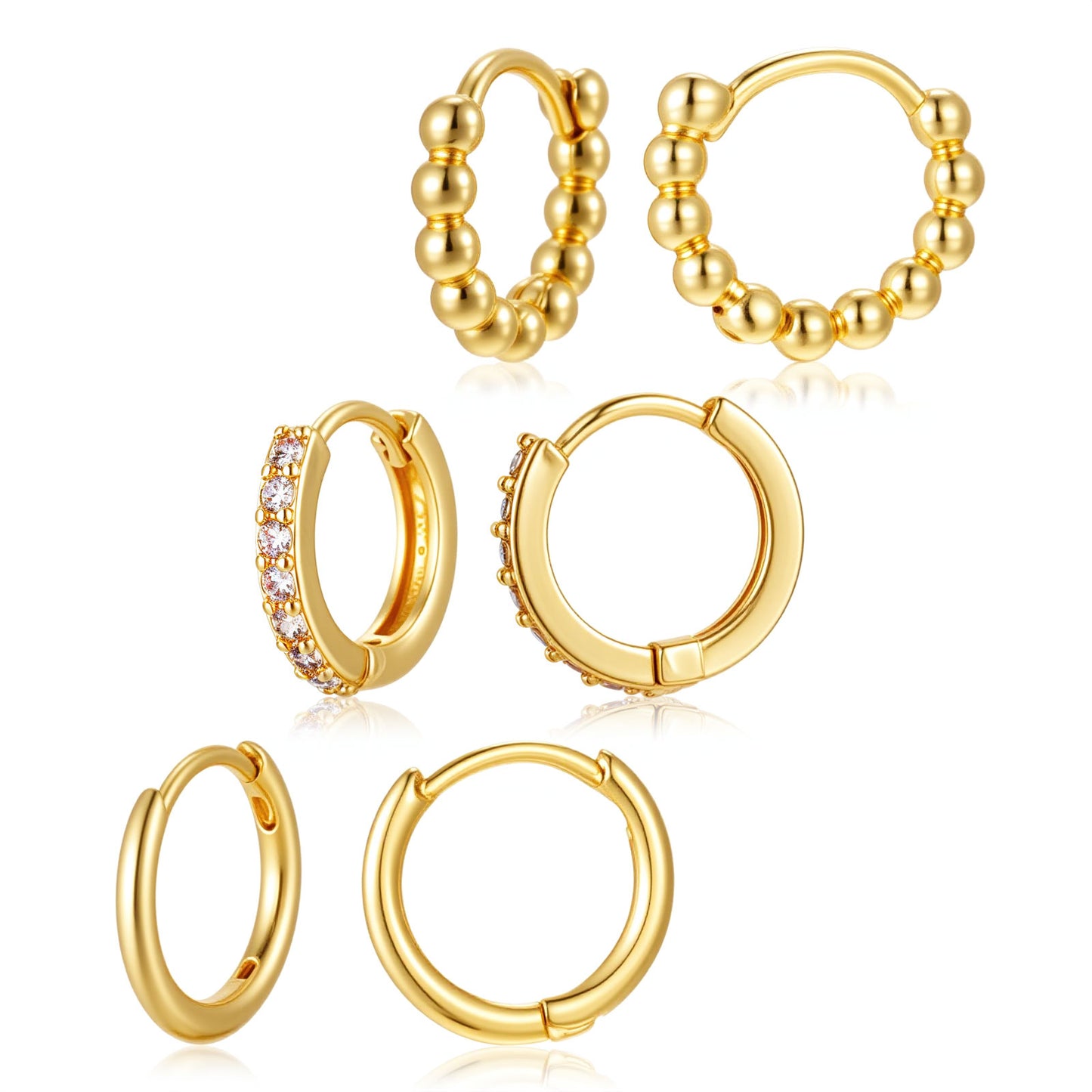 3 PCS Gold Huggie Hoop Earrings for Women, Small Hoop Earrings Set with Sparkling Cubic Zirconia for Daily Wear and Special Occasions (13mm, 14mm)