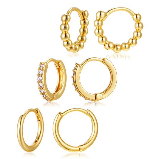 3 PCS Gold Huggie Hoop Earrings for Women, Small Hoop Earrings Set with Sparkling Cubic Zirconia for Daily Wear and Special Occasions (13mm, 14mm)
