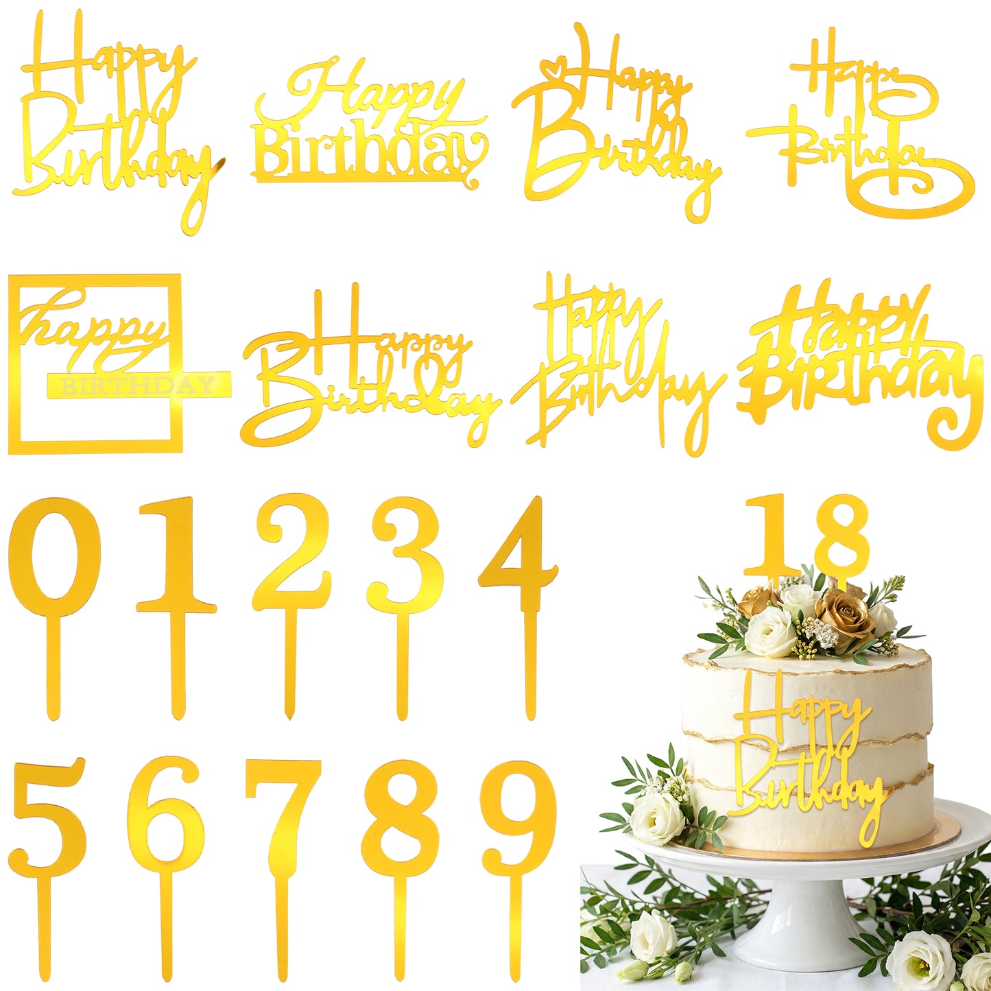Nogeqi 28PCS Gold Happy Birthday Cake Topper with Acrylic Numbers for Cakes, Happy Birthday Cake Decorations Sign for Birth Anniversary Party Decoration