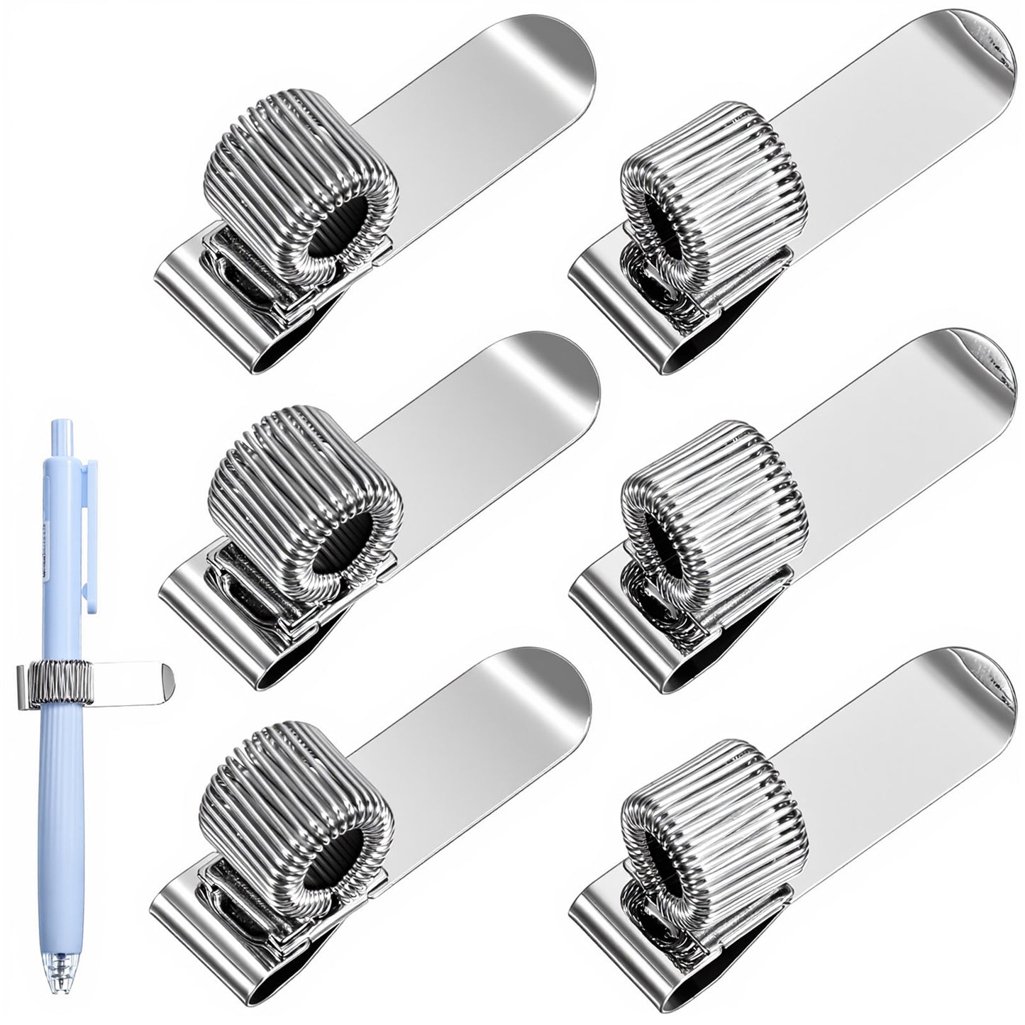 Bremorou 6 Pack Metal Pen Clip Holder, Universal Stainless Steel Pen Holder Adjustable Single Spring Loop Pen Holder Clip With Single Spring For Notebook, Clipboard, Silver Steel