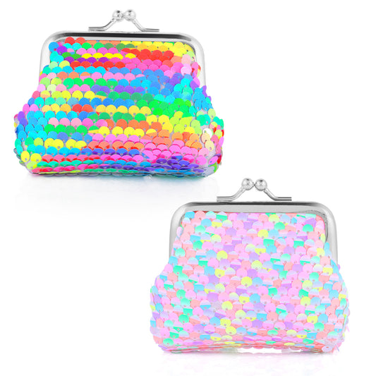 2PCS Small Coin Purse Women Girls Kiss-Lock Nylon Change Purse Double Sided Sequin Mini Coin Pouch Kids Cute Colorful Coin Purses Tiny Coin Wallet for Change, Keys, Lipstick