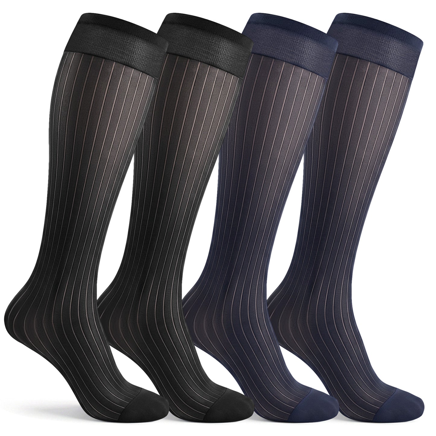 Nogeqi 2 Pair Mens Thin Dress Socks, Black Sheer Thin Nylon Socks for Men, Striped Silk Sock Men Formal Suit See