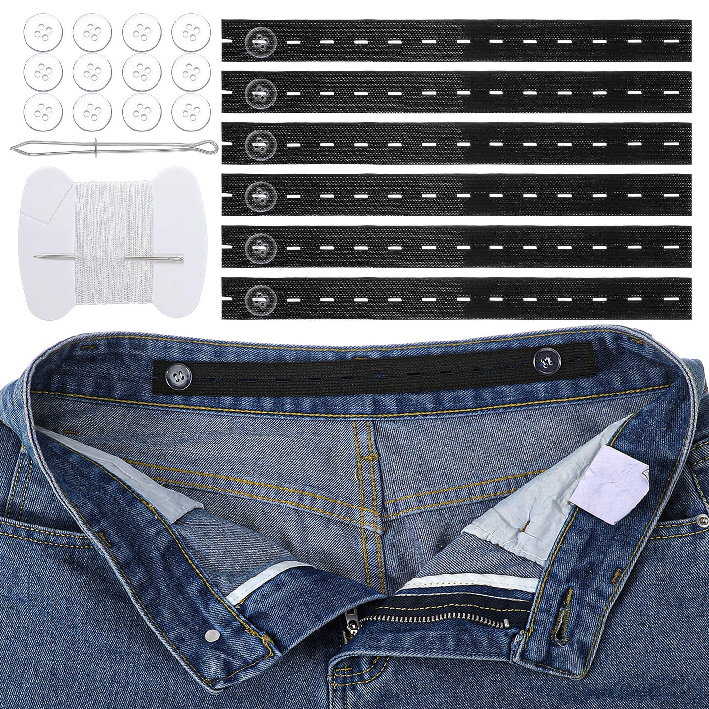 Matwsec 5 Pcs Adjustable Elastic Pant Waist Tightener for Women, Jean Adjuster Waist Tightener, Pants Waist Extender Supplies with 16 Buttons, 1 Sewing Kit & 1 Thread Hook - Matwsec