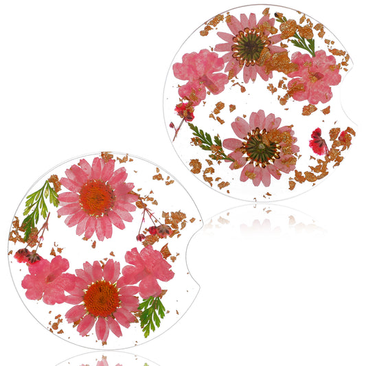 Ymapinc Kawaii Pink Floral Car Coasters for Women，2 Pack 2.56" Cute Coasters Non-Slip Girly Car Accessories, Pink Coaster Set for Decor