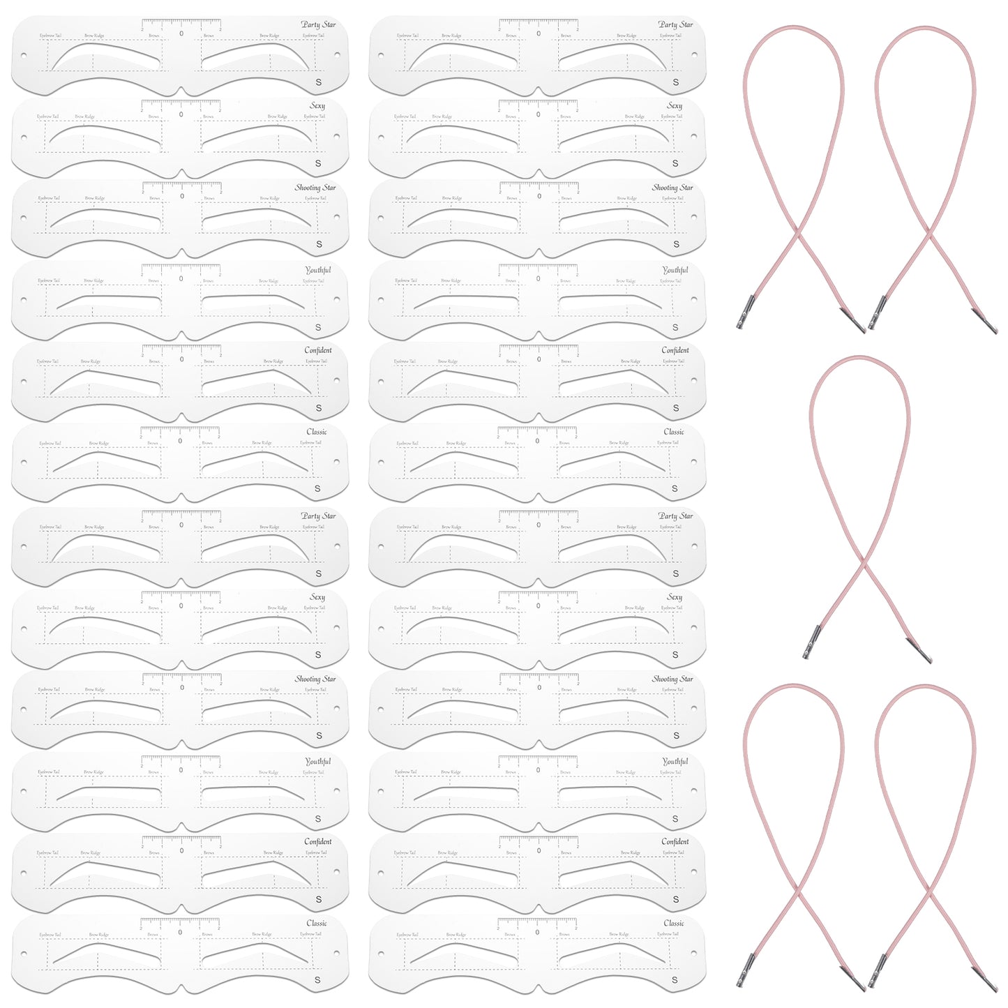 30PCS 6 Styles Eyebrow Stencils L Soft Reusable Eye Brow Shaping Stencil Kit with Strap, Clear Plastic Eyebrows Shaper Template Set for Beginner, Travel, Makeup Salons(Eyebrow Distance 1.5cm)