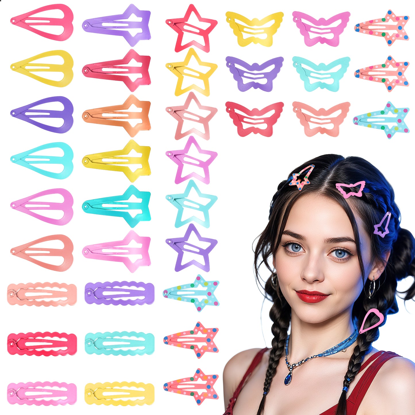 Tyqour 36Pcs Hair Clips for Girls Candy Color Hair Snap Clips No Slip Star Hairclips Cute Butterfly Barrettes Heart Shaped Hairclips for Toddlers Kids Teens Women