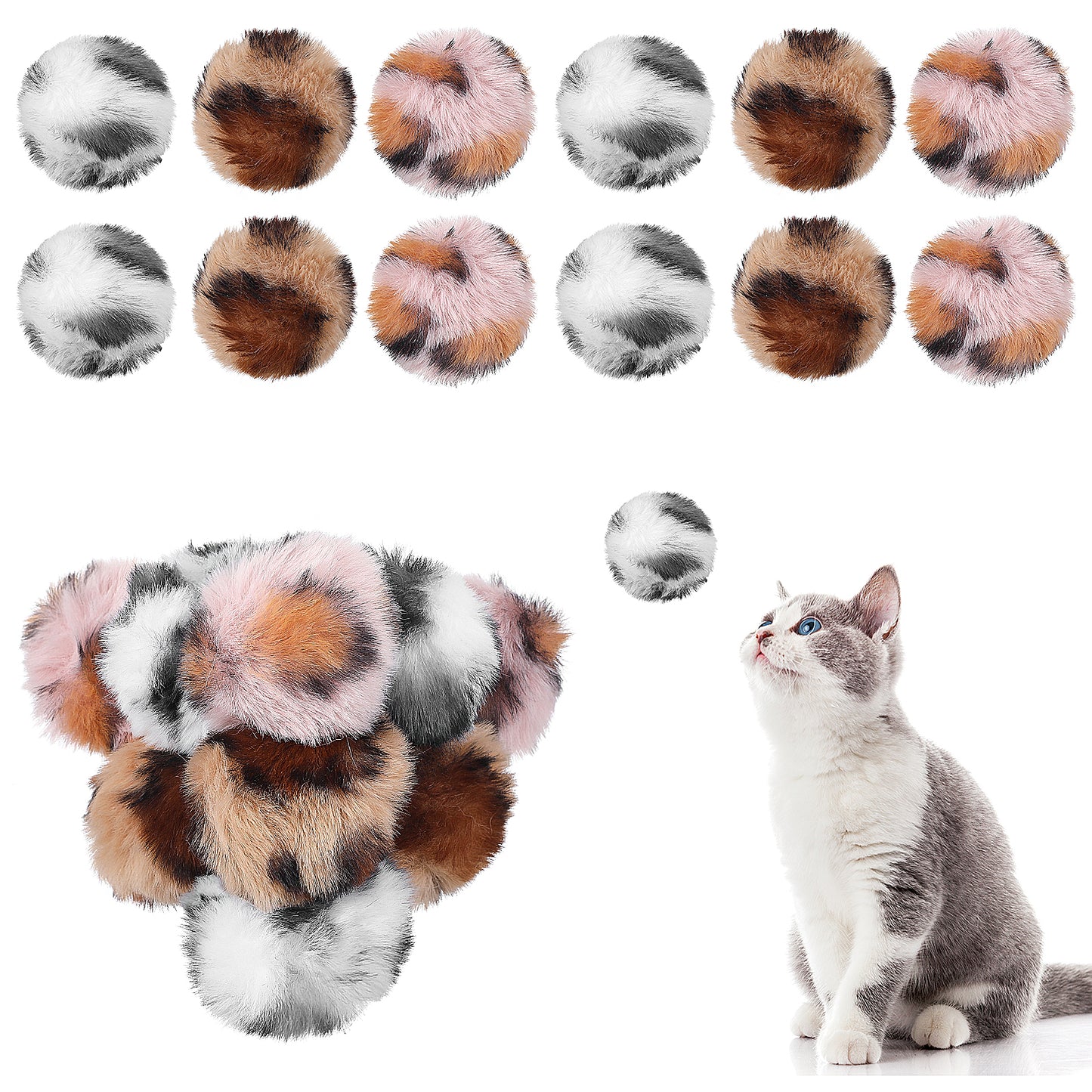 12 Pcs Cat Pom Poms Ball, 2" Soft Faux Fur Cat Balls Toy, Large Plush Fuzzy Artificial Balls Patch for Christmas Kitten Pet Interactive Gifts Chasing Playing Exercising Indoor Cats (Pink Yellow Gray)