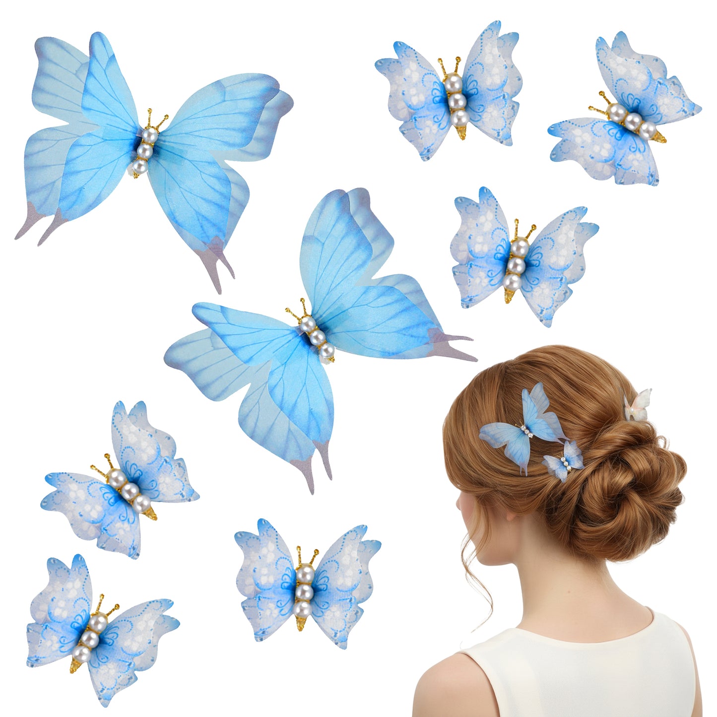 Ymapinc 8Pcs Blue Butterfly Hair Clips, 2 Large 6 Small Moving Wings Pins, Pearl Fairy Accessories for Women, Cute 3D Butterfly Hairpin for Thick Thin Hair
