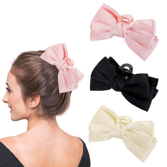 3 PCS Hair Claw Clips Satin Ribbon Hair Bow Clip for Women Girls, Nonslip Bow-Knot Hair Clamps Barrettes for Thin & Thick Hair(Black+White+Pink)