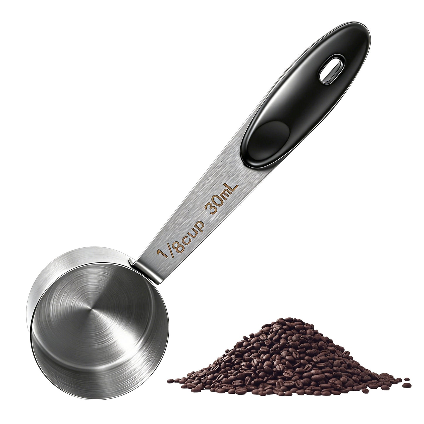 Nogeqi 1PCS 2 Tablespoon Scoop, Stainless Steel Coffee Measuring Spoon, 1/8 Cup Measuring Cup with Black Silicone Handle for Coffee Bean Tea Sugar Canisters Jars (30ml)