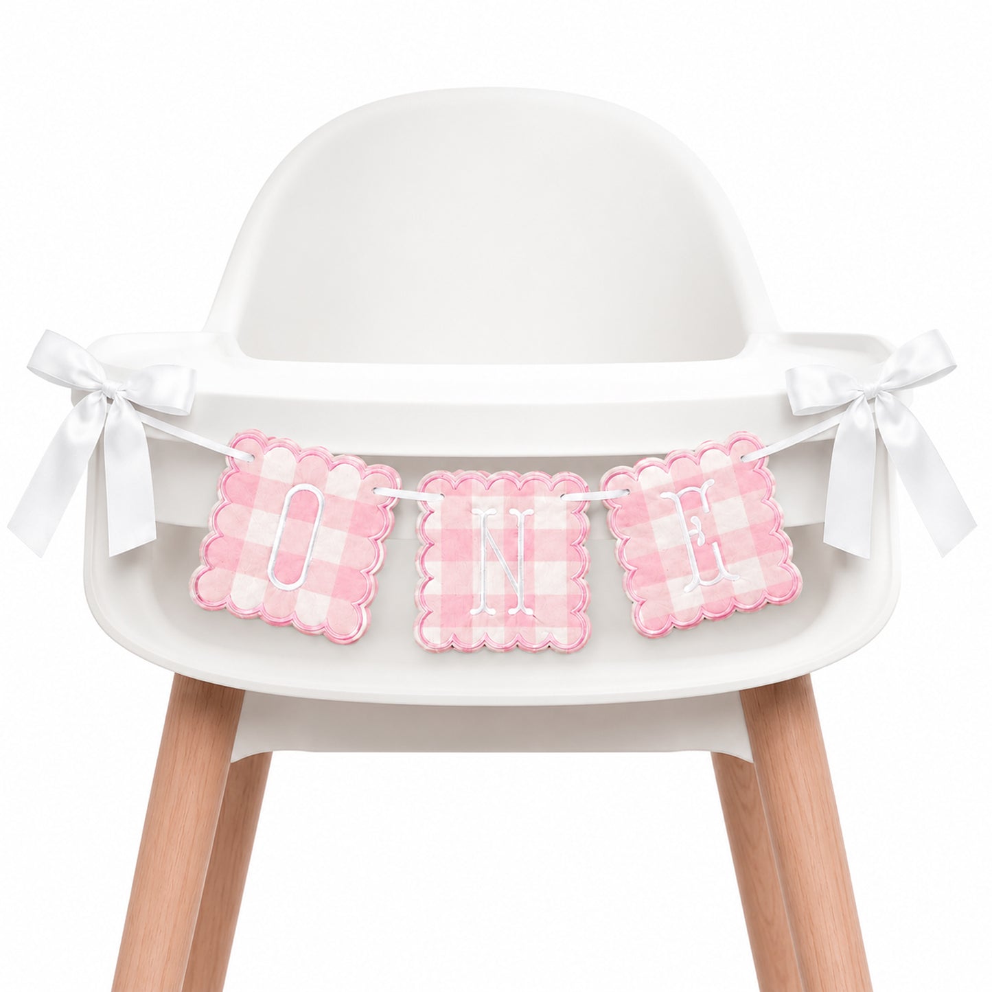 Matwsec One High Chair Banner for First Birthday Girl, Pink Gingham Bow 1st Birthday Decoration, Felt One Banner for Sweet One Party Decoration Supplies Photo Prop (Pink and White)