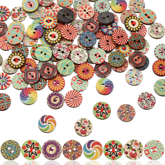 180-Pcs 3/4" Assorted Vintage Wooden Buttons for Crafts | Bulk Mixed Designs for Sewing, DIY, and Decoration