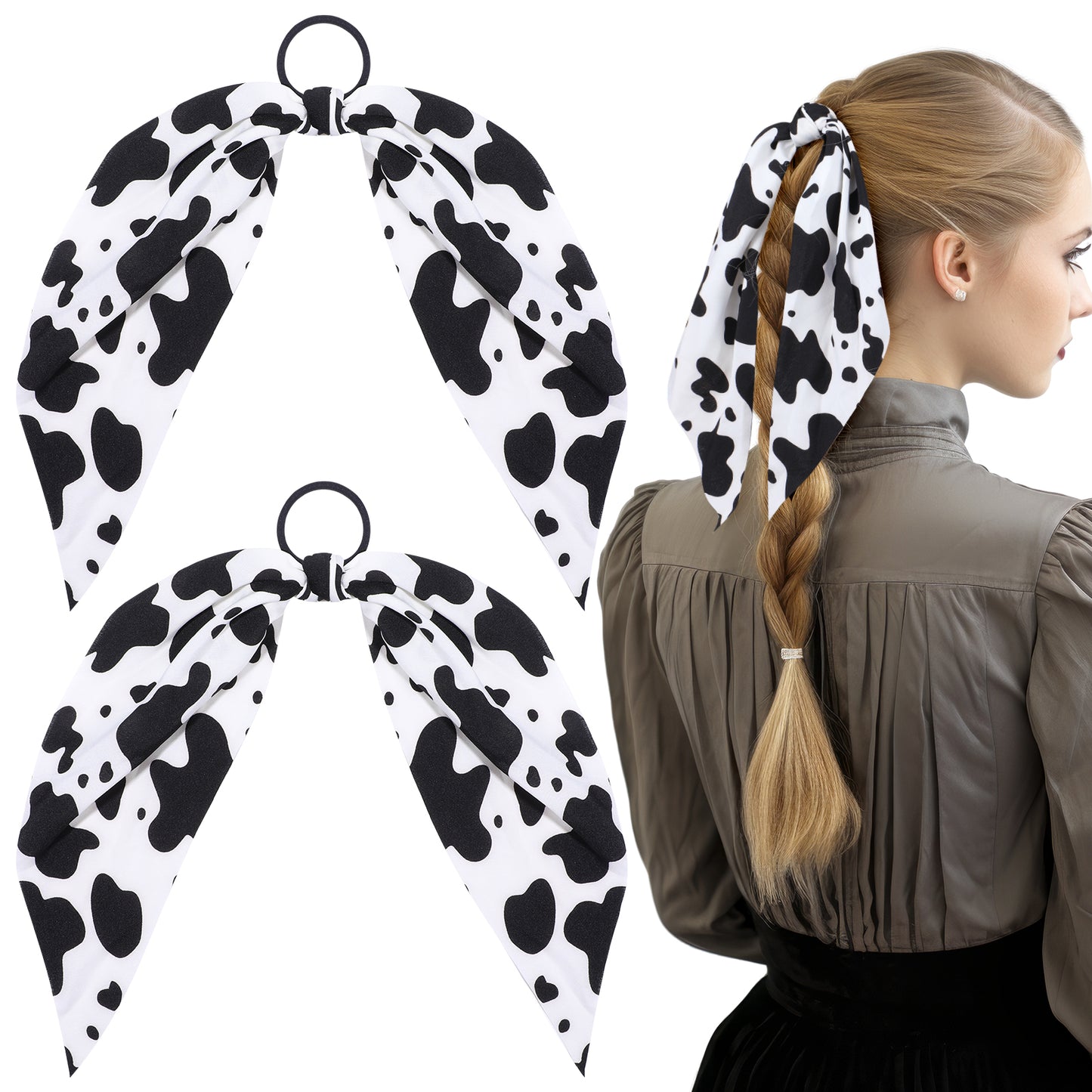 Xinjoduz 2PCS Cow Print Headband, Rabbit Bunny Ear Hair Ties with Bows, Non-slip Bowknot Bow Scrunchies, Ponytail Holder Hair Scrunchies Cow Print Accessories for Women Curly Straight Thin Thick Fine