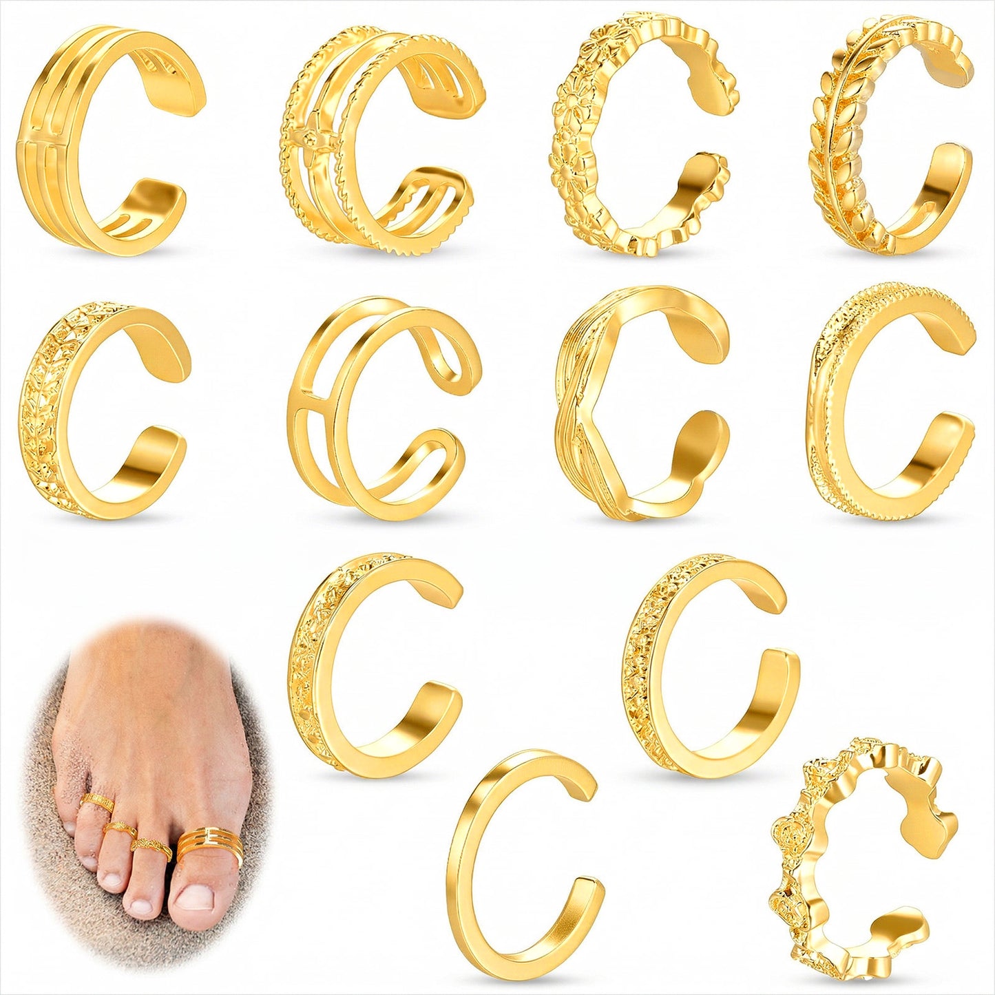Tyqour 12PCS Gold Toe Rings Adjustable Toe Rings for Women Summer Toe Rings Set, Simple Style Beach Foot Jewelry Set