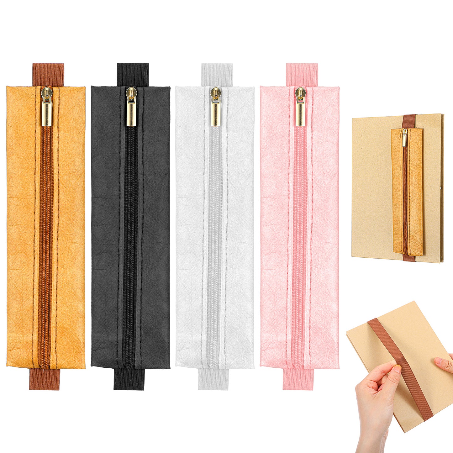 Elastic Pen Holder For Notebook 4 Pack Adjustable Pu Leather Pencil Pouch With Stretchable Band, Fits Bibles Planners Books School Office Home Supplies Portable Pen Sleeve (White Black Pink Caramel)