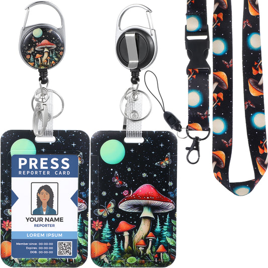 Ymapinc Mushroom Retractable Lanyard with ID Holder, Easy Clip Protector Case Badge Reel Lanyards for Pass Card Keys for Women Men Student Teacher Worker(ABS Polyester Metal Black)