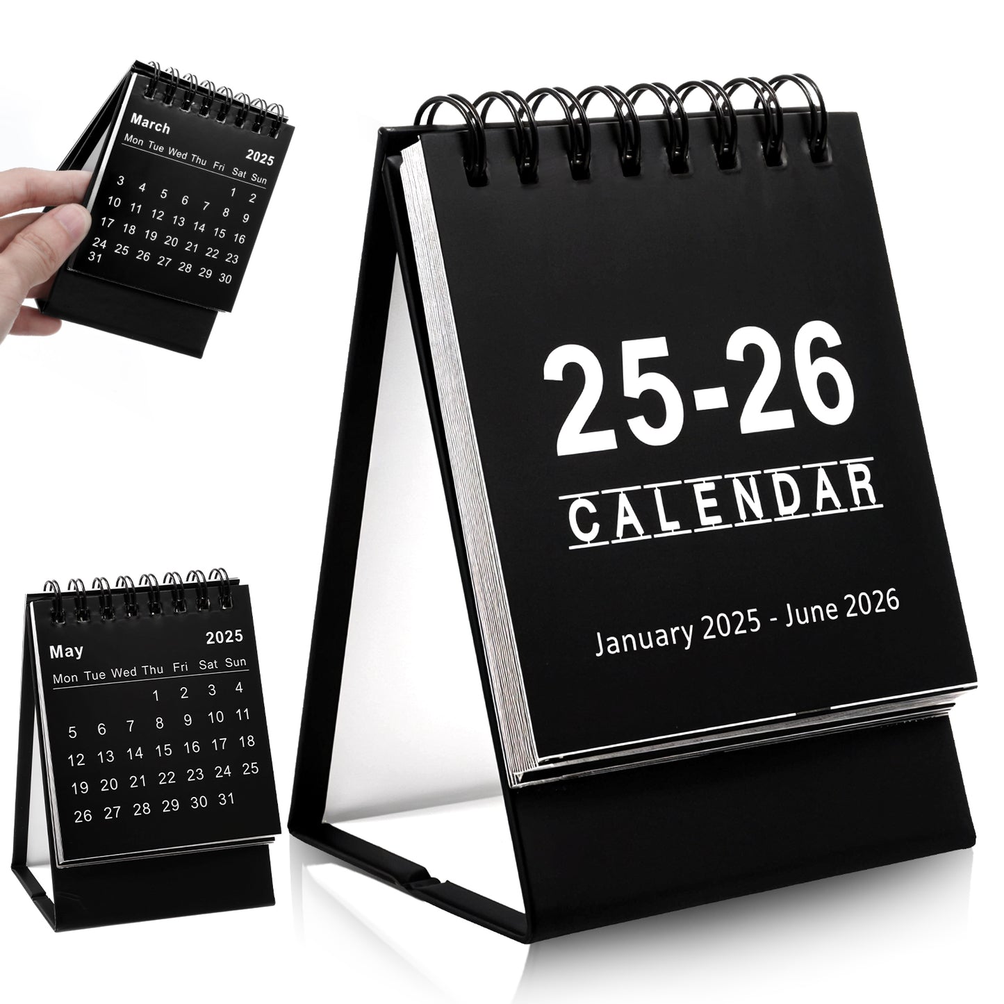 Tyqour Mini Desk Calendar 2025.1-2026.12 Small Desktop Calendar 2025-2026 Standing Flip Calendar Small Desk Calendar 2025-2026 for Home Office School (Black)