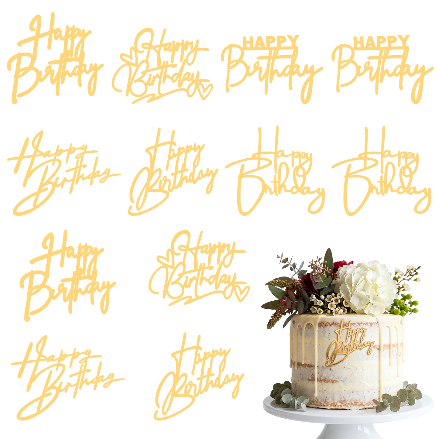 12pcs Gold Happy Birthday Cake Topper, Acrylic Happy Birthday Cake Sign Party Decorations Cupcake Toppers for Anniversary Bridal Shower Party Desserts Pastries Supplies