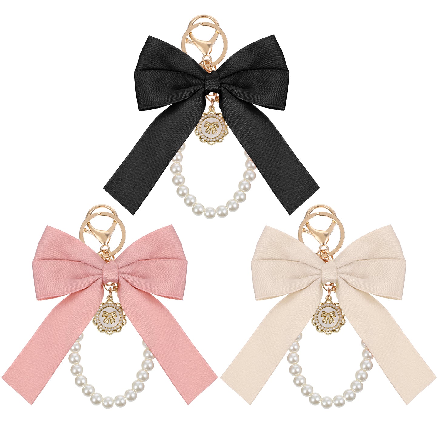 Tyqour 3Pcs Cute Bow Keychain for Purse, Pearl Keychain Wristlet, Pearl Key Chains for Car Keys Coquette Bow Bag Accessories Aesthetic Bag Charms for Women Girls Friends Pink White Black