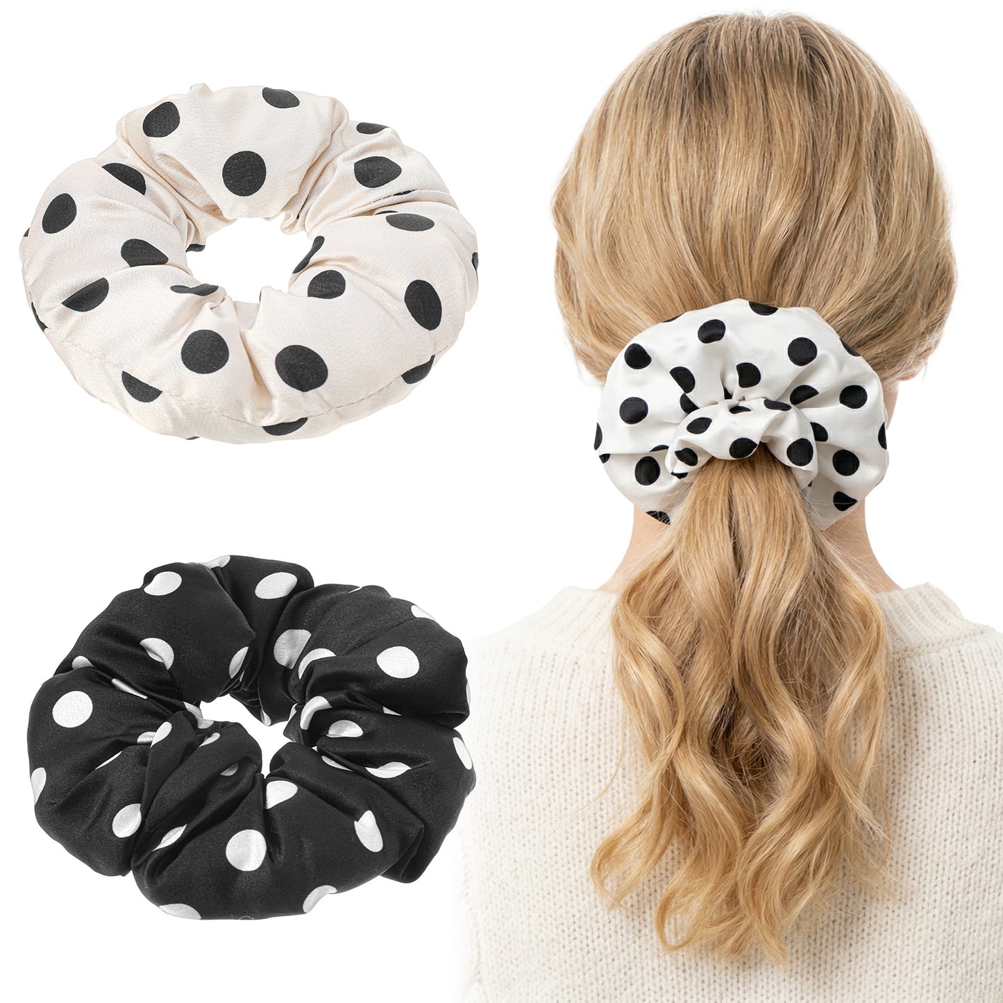 2PCS Large Scrunchies for Women, Polka Dot Oversized Satin Scrunchie for Thick Hair, Elastic Jumbo Scrunchy Ponytail Holders for Girls Black and Beige