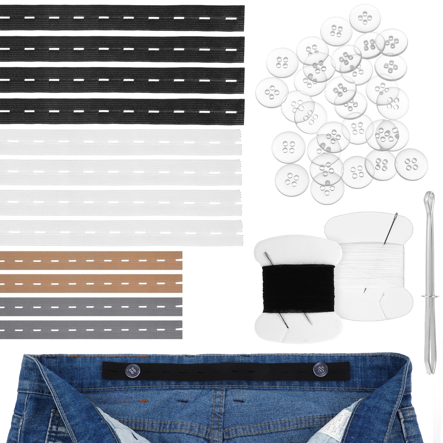 Ouligay 12 PCS Adjustable Elastic Pants Waist Tightener Kids Jean Waist Extenders Pants Button Tightener with 30 Buttons, 2 Sewing Kit &1 Thread Hook 4 Colors