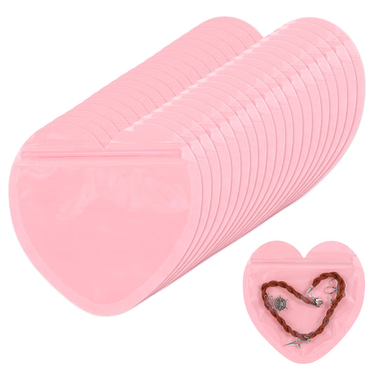 100Pcs Cute Packaging For Small Business Heart-Shaped Jewelry Bags Clear Mylar Baggies Clear Plastic Jewelry Pouch Cute Mini Packaging Supplies For Bracelets Necklaces Earrings Packaging(Pink)