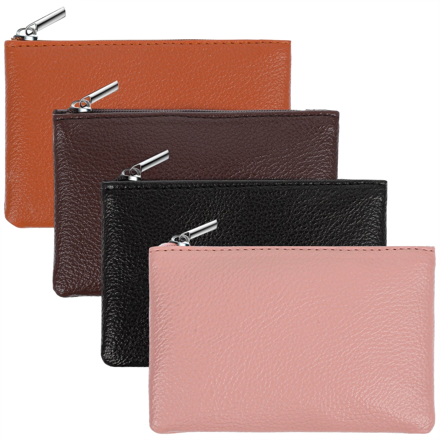 Mabor 4Pcs Leather Coin Purse for Women, PU Leather Zipper Pouch with Zinc Alloy - Small Change Purse & Portable Coin Wallet (Black, Brown, Pink, Tan)