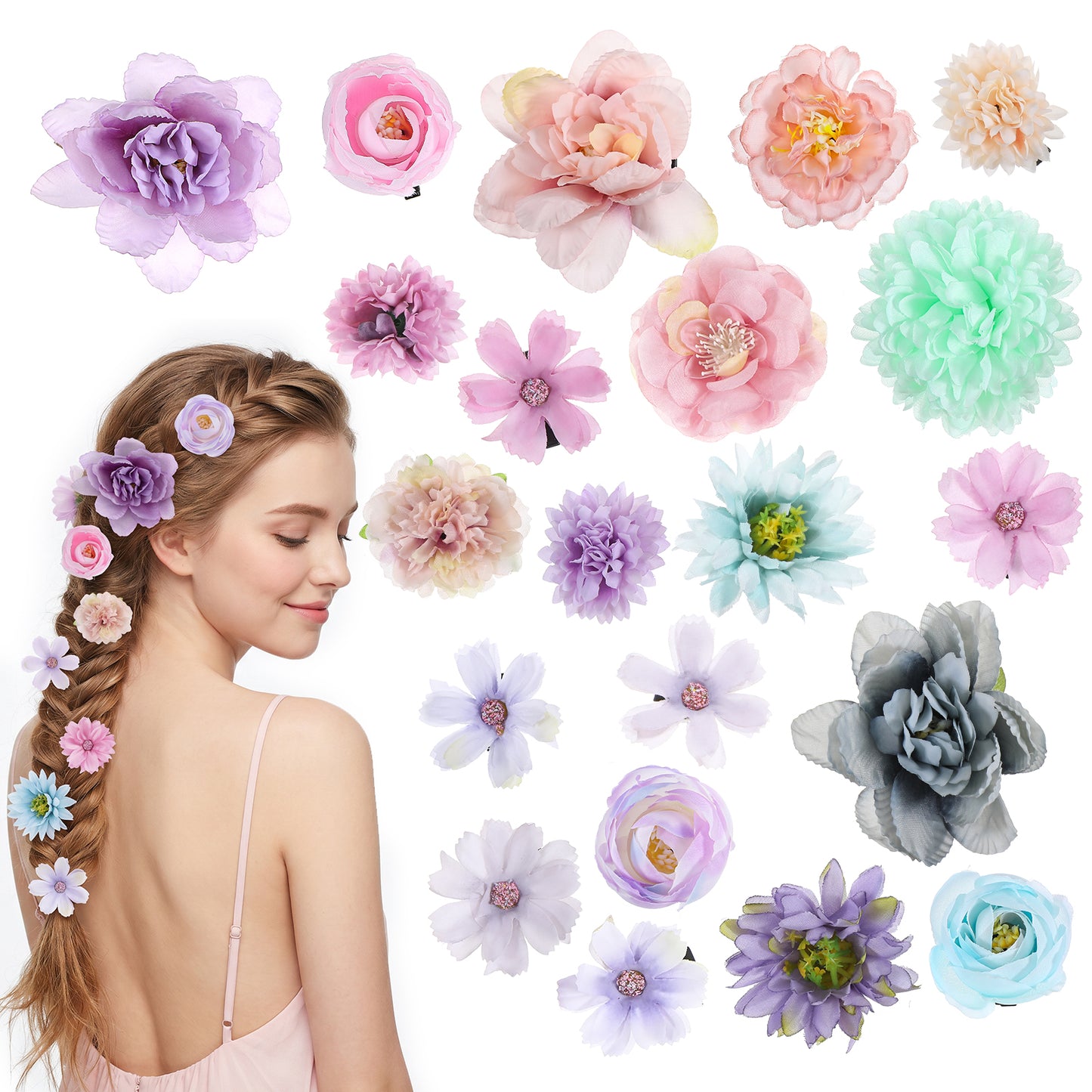 Ouligay 21 Pieces Silk Flower Hair Clip for Women Aesthetic Flower Hair Accessories Boho Roses Headdress Clips Bridal Wedding Accessories, Beach Party Wedding Graduation Cap Topper Decor