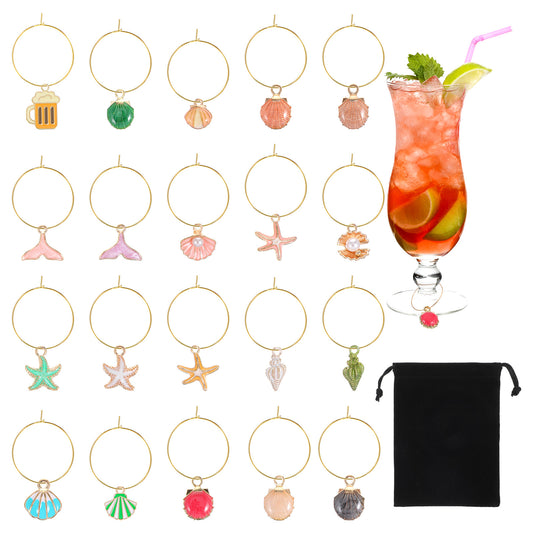 20Pcs Wine Glass Charms Markers Tags for Stem Glasses, Ocean Drink Markers, Funny Wine Charm Glass Identifier Tags with Gold Rings for Summer Beach Party Favors Decorations Alleviating Mixup